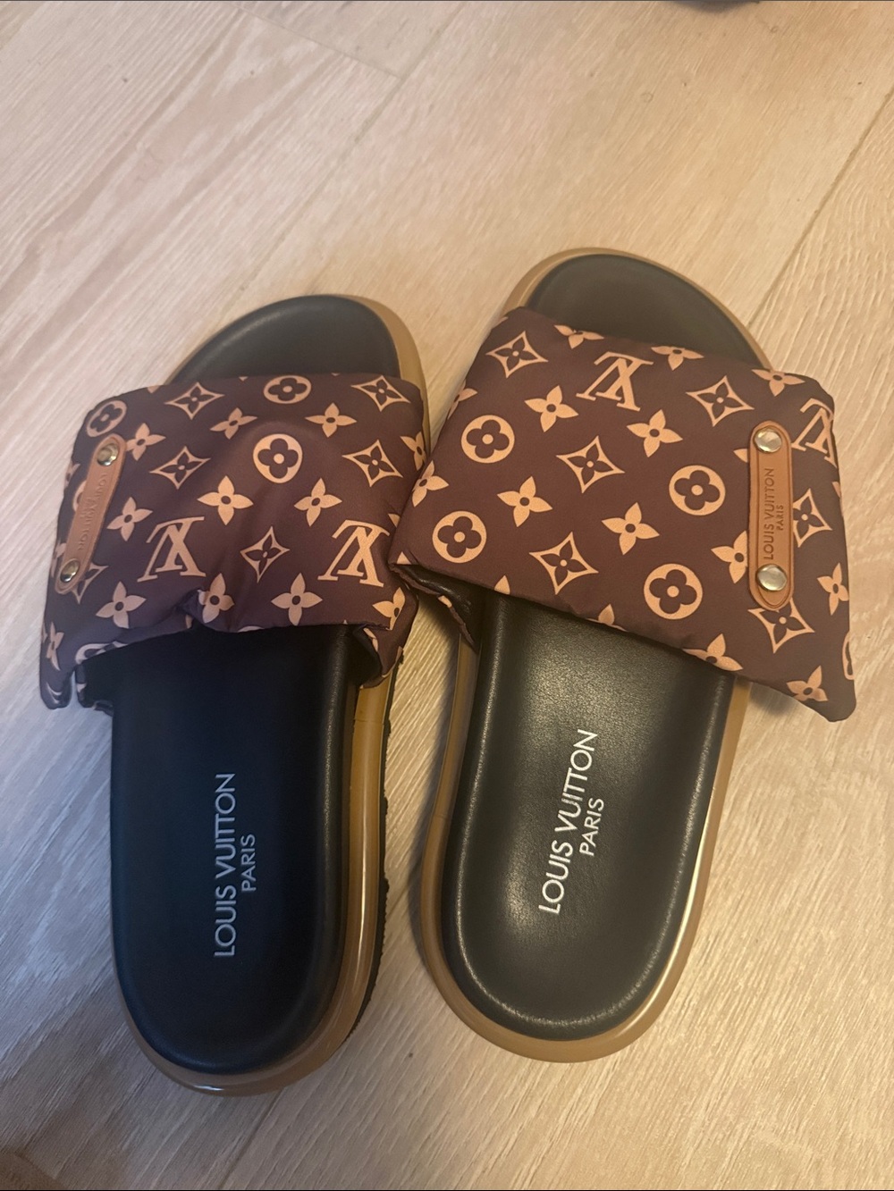 Louis Vuitton Brown Monogram Slide Sandals with Black Footbed